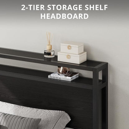 LIKIMIO Queen Bed Frame with Headboard, Dark Wood Camas Queen with Strong Supports, Sturdy, Noise-Free, No Box Spring Needed, Classic Black