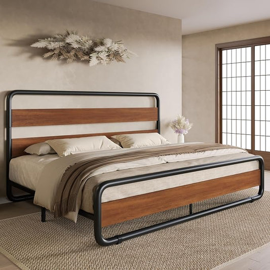 SHA CERLIN King Size Metal Bed Frame with Wooden Headboard and Footboard, Heavy Duty Platform Bed Frame with 10" Under-Bed Storage, Noise-Free, No Box Spring Needed, Vintage Walnut