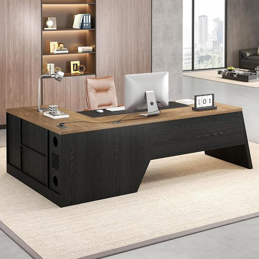 Epecoya L-Shaped Executive Desk with Drawer, Large Modern Home Office Desk with Cord Hold and Power Outlet, Big Wooden Business Furniture with Lateral File Cabinet for CEO Boss, Oak Black
