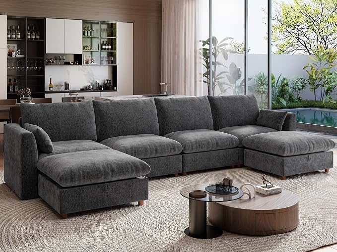 Ihanherry 152" Oversized Modular Sectional Sofa, Modern U Shaped Cloud Couch with 2 Storage Ottoman, 6-Seat Comfy Chenille Deep Seat Sofa with 2 Pillows for Living Room, Grey