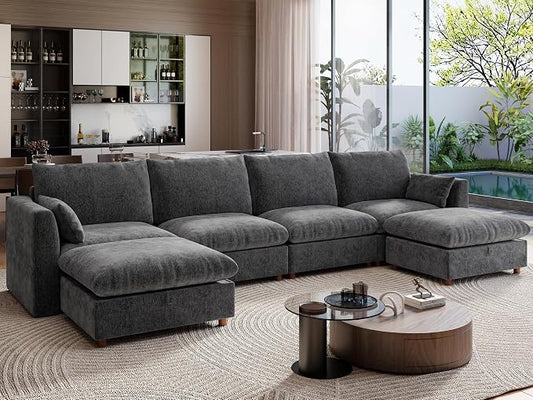 Ihanherry 152" Oversized Modular Sectional Sofa, Modern U Shaped Cloud Couch with 2 Storage Ottoman, 6-Seat Comfy Chenille Deep Seat Sofa with 2 Pillows for Living Room, Grey