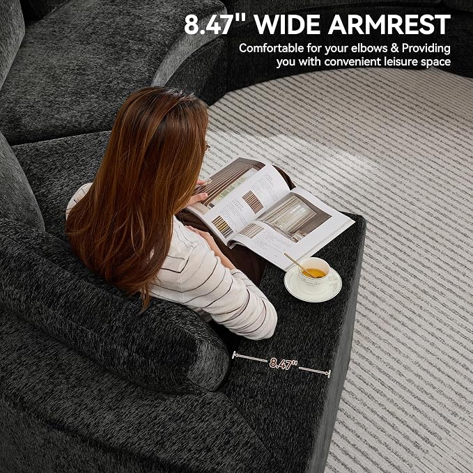 WUTUTUEE Curved Round Boneless Sofa, Oversized Modular Sectional Sofa with Deep Seat, Chenille Memory Foam Sofa with Pillows, Upholstered Comfy 2 Middle Seat Couch for Living Room, Black
