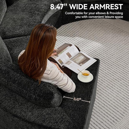 WUTUTUEE Curved Round Boneless Sofa, Oversized Modular Sectional Sofa with Deep Seat, Chenille Memory Foam Sofa with Pillows, Upholstered Comfy 2 Middle Seat Couch for Living Room, Black