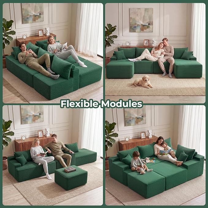 Mangodan 118'' Cloud Sectional Couch, U Shaped Boneless Couches for Living Room, Modular Sectional Sofa with Deep Seat Right Facing Chaise, Comfy Cloud Couch Sofa, Green