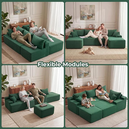 Mangodan 118'' Cloud Sectional Couch, U Shaped Boneless Couches for Living Room, Modular Sectional Sofa with Deep Seat Right Facing Chaise, Comfy Cloud Couch Sofa, Green