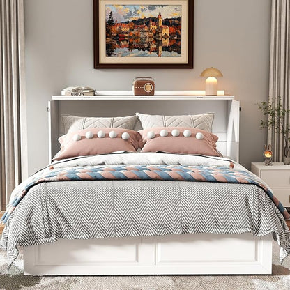 Full Murphy Bed Cabinet: White Cabinet Bed with Charging Station, Cube Murphy Beds with Drawers, Modern Hidden Beds for Small Spaces, Guest Room and Office