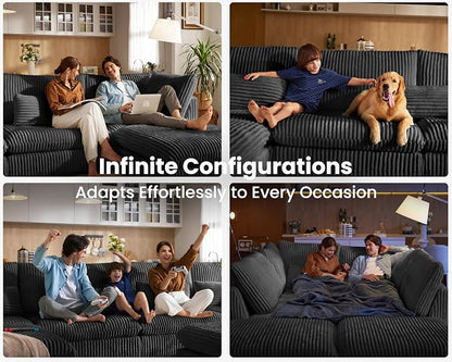 115" Oversized Corduroy Couch Modular Sectional Sofa, Washable Cloud Couch Sectional with 2 Ottoman, 5 Seater Sectional Couches for Living Room, Fully Cover Removable, U Shaped, Corduroy, Black