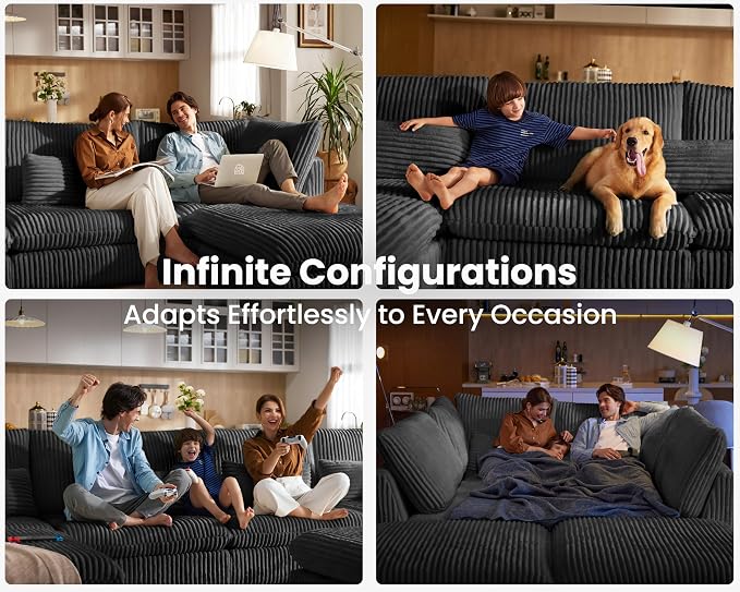 77" Oversized Corduroy Couch Modular Sectional Sofa, Washable Cloud Couch Sectional, 2 Seater Sectional Couches for Living Room, Fully Cover Removable, Loveseat Sofa, Corduroy, Black
