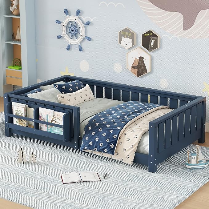 Twin Size Montessori Floor Bed with Bookshelf, Guardrail and Slats, Blue | Low Profile Montessori Floor Bed with Bookcase, Easy Assemble Montessori Beds Frame for Kids, Twin Floor Bed Frame