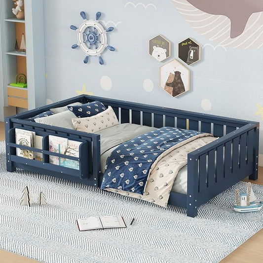 Twin Size Montessori Floor Bed with Bookshelf, Guardrail and Slats, Blue | Low Profile Montessori Floor Bed with Bookcase, Easy Assemble Montessori Beds Frame for Kids, Twin Floor Bed Frame