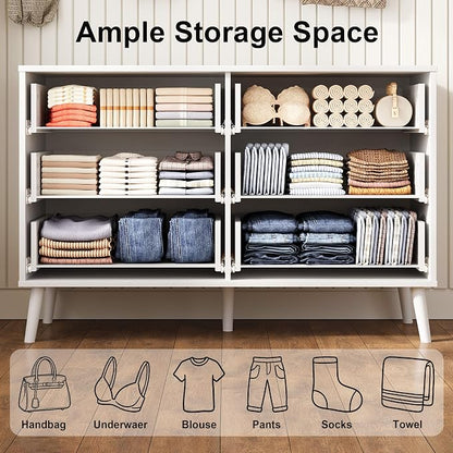 Fluted 6 Drawers Dresser for Bedroom, Wooden Wide Chest of Drawers with Metal Handle, Dresser TV Stand, Closet Storage Organizer for Entryway, Living Room, Hallway (White)