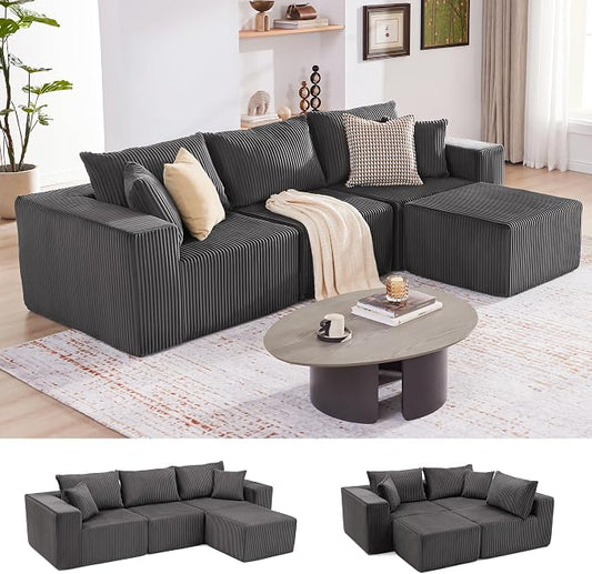 Weture 107.4" Cloud Couch Sectional, Modular Sofa with Deep Seat, Plush Corduroy L Shaped Boneless Couch, Convertible Sectional Couches for Living Room, 4Seat, Darkgrey