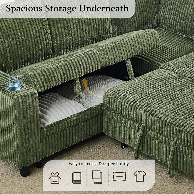 Sectional Sleeper Sofa with Pull Out Bed, Plush Corduroy L-Shaped Couch with Storage, USB Ports, Cup Holders, Comfy Sectional Couches for Living Room, Apartment, Green