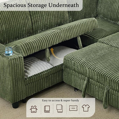Sectional Sleeper Sofa with Pull Out Bed, Plush Corduroy L-Shaped Couch with Storage, USB Ports, Cup Holders, Comfy Sectional Couches for Living Room, Apartment, Green