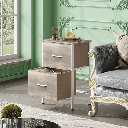 WLIVE Night Stand, Greige Nightstand with 2 Fabric Drawers, Small Dresser for Bedroom, Bedside Table End Table with Storage Drawer, College Dorm, Dormitory, Greige Oak