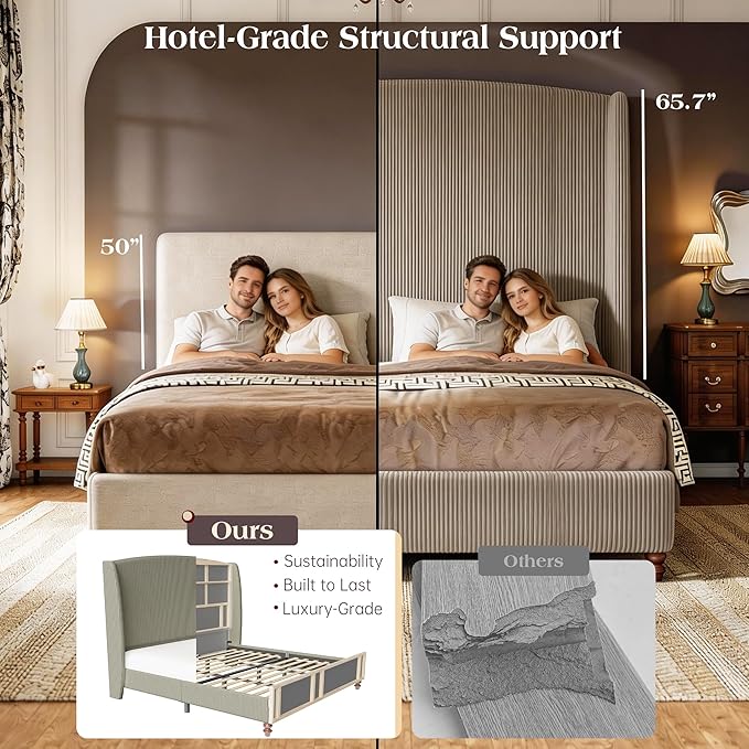 Queen Size Upholstered Bed Frame with 65.7" Tall Headboard Wingback, Soft Washable Corduroy Beds Cover, Solid Wood Legs, Noise-Free, No Box Spring Needed, Light Gray