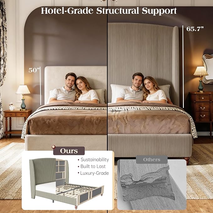 King Size Upholstered Bed Frame with 65.7" Tall Headboard Wingback, Soft Washable Corduroy Beds Cover, Solid Wood Legs, Noise-Free, No Box Spring Needed, Light Gray