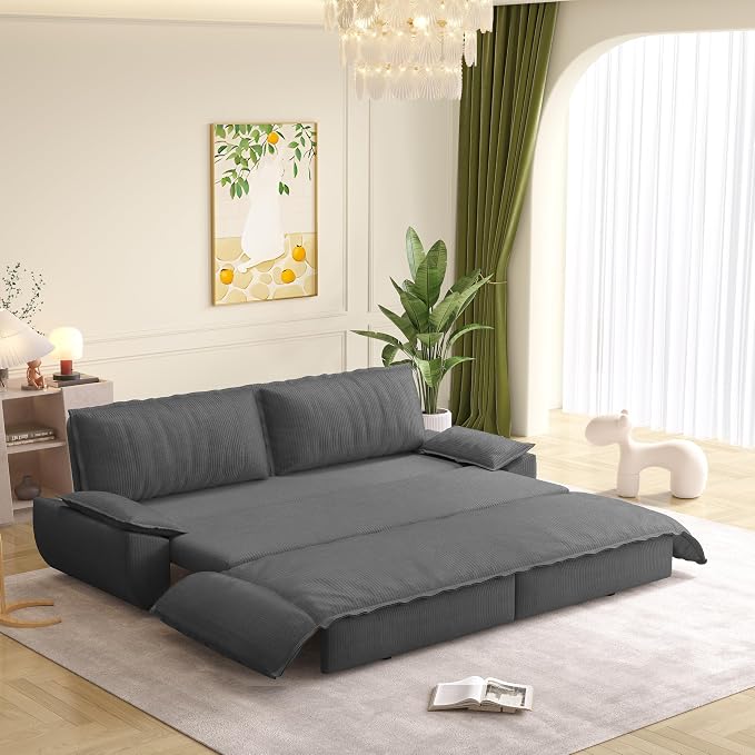 73.2" Sleeper Sofa Bed Queen Size, 3-in-1 Convertible Couch, Modern Pull Out Couches, Comfy Corduroy Futon Sofa, Cloud Loveseat Lounge, Pillow Arm, for Living Room, Apartment, Dark Grey