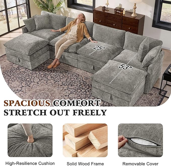 Ihanherry 135” Modular Sectional Sofa with Storage, U Shaped Cloud Couch with Movable Ottomans & 4 Pillows, Chenille Deep Seat Sectional Couches for Living Room, Apartment (Grey)