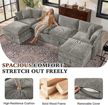 Ihanherry 135” Modular Sectional Sofa with Storage, U Shaped Cloud Couch with Movable Ottomans & 4 Pillows, Chenille Deep Seat Sectional Couches for Living Room, Apartment (Grey)