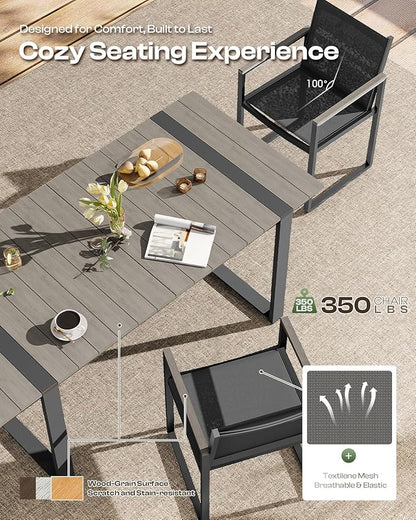 Outdoor Table and Chairs of 4, Patio Dining Sets, HDPS + Aluminum Outdoor Furniture Set with Umbrella Hole, Patio Dining Table Set (Gray)