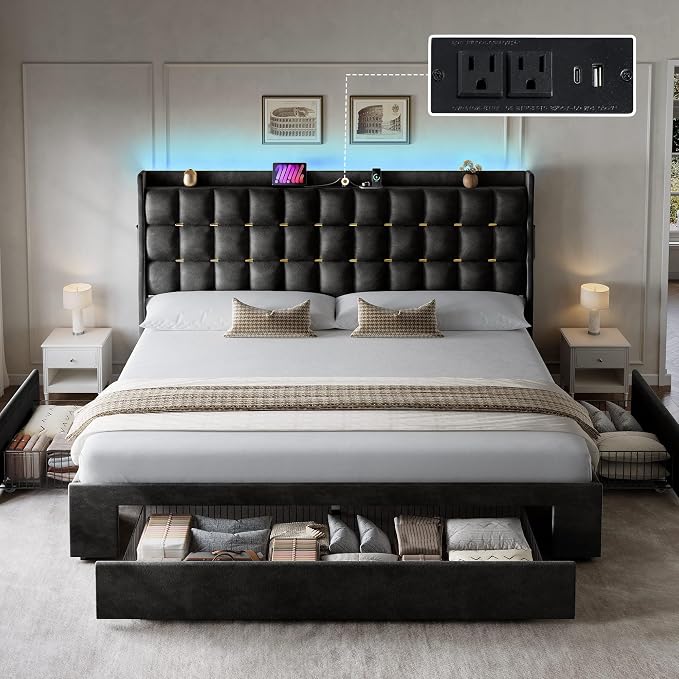 YITAHOME King Size Bed Frame with 3 Storage Drawers and RGB LED Lights, Velvet Upholstered Bed w/Charging Station and Storage Headboard, No Box Spring Needed, Noise-Free, Charcoal Black