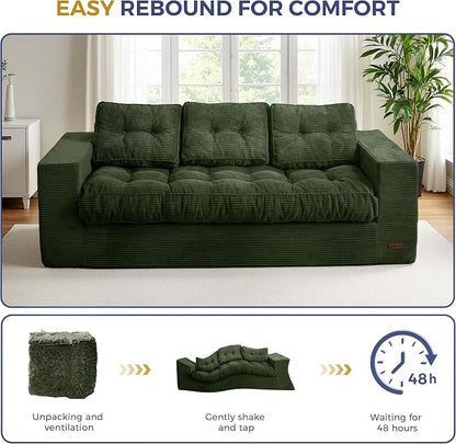 MAXYOYO Oversized Loveseat Sofa Couch, Upholstered Bean Bag Chair Cloud 3-Seat for Adults, Boneless Couch with Tufted Cushion & Pillows, Sofa in A Box, No Assembly Required, Dark Green