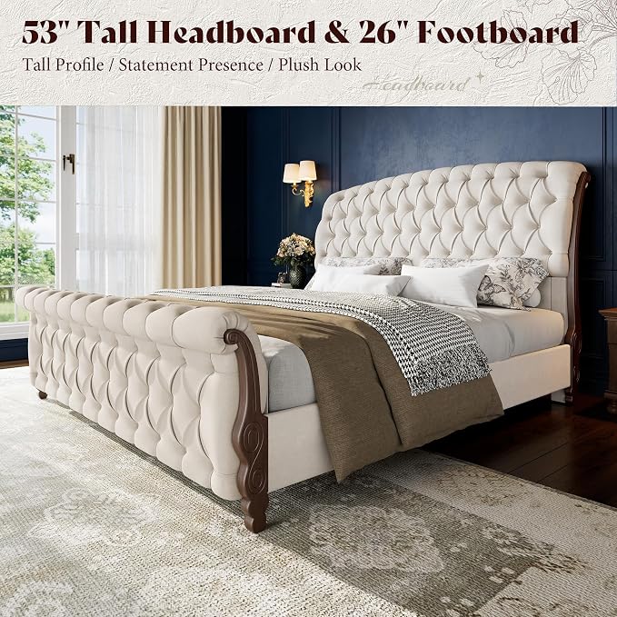 AMERLIFE Upholstered California King Bed Frame, 53" Tall Sleigh Bed with Button Tufted Chenille Headboard and Footboard, Platform Bed with Carved Solid Wood Legs, No Box Spring Needed, Cream