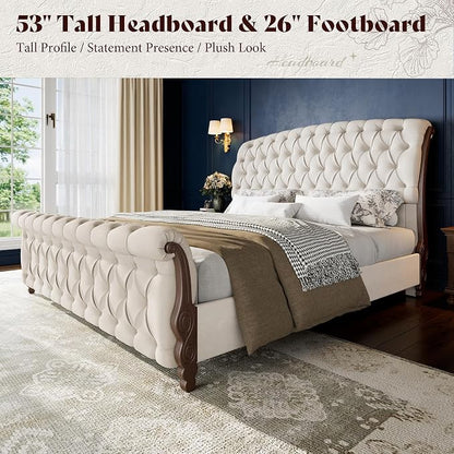 AMERLIFE Upholstered Queen Bed Frame, 53" Tall Sleigh Bed with Button Tufted Chenille Headboard and Footboard, Platform Bed with Carved Solid Wood Legs, No Box Spring Needed, Cream