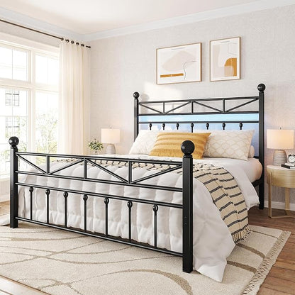 EnHomee 14.2" Queen Size Metal Platform Bed Frame, Tall Headboard and LED Lights, Victorian Vintage Style，Under Bed Storage, Heavy Duty Metal Slats & Noise Free, Black