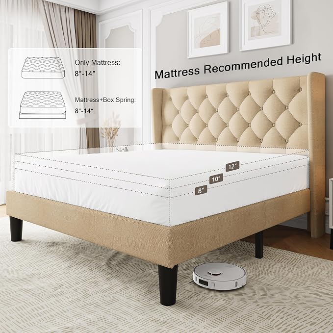 Einhomn Queen Size Platform Bed Frame with Fabric Upholstered Wingback Headboard, 11" Under Bed Space, Wooden & Metal Slats Support, No Box Spring Needed, Beige