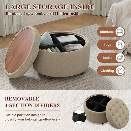 25Inch Round Ottoman with Storage, Tufted Fabric Modern Circle Ottoman with Reversible Tray Lid and Wood Legs, Multi-Functional Small Coffee Table for Living Room, Bedroom, Coffee