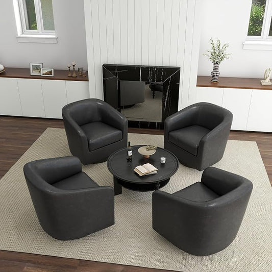 Faux Leather Swivel Accent Chair, Upholstered Barrel Chairs for Living Room, Small Club Chair Modern Single Sofa Bedroom Reading Seat - Black, Set of 4