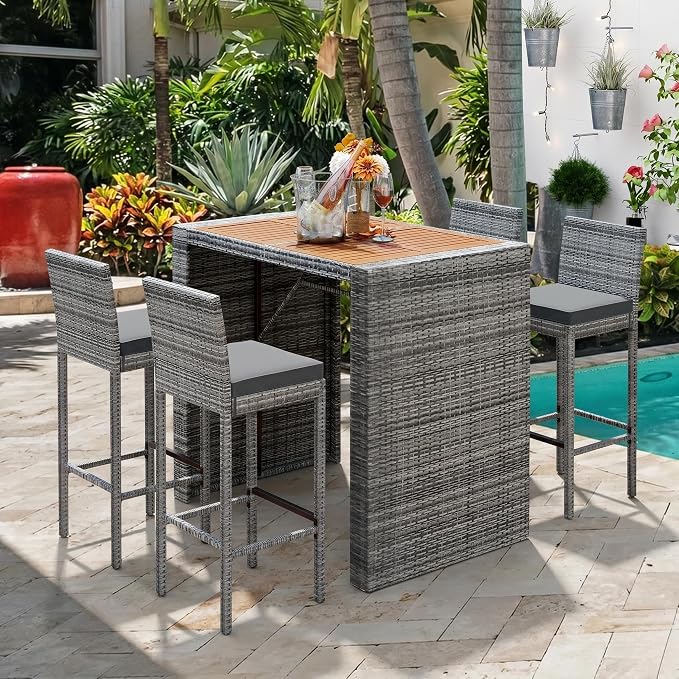 Quarte Modern 5-Piece Outdoor Patio Dining Set, Garden PE Rattan Wicker Bar Set, 4 Bar Height Chairs with Non-Slip Feet and Fixed Rope, Acacia Wood Table Top
