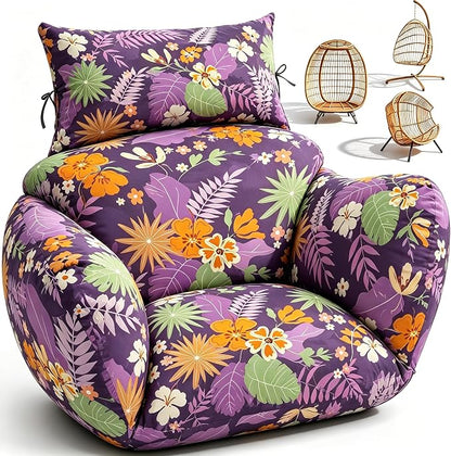Waterproof Egg Chair Cushion Replacement 47x31.5x4.7 inch Thicken Hanging Egg Swing Chair Cushion Indoor Outdoor Wicker Rattan Hammock Basket Cushion with Headrest Pillow, Purple Leaves