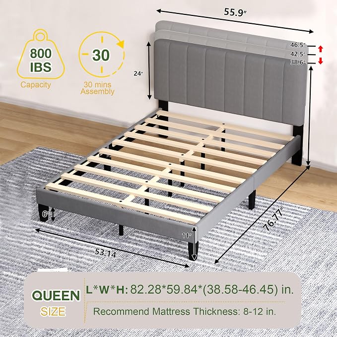Queen Size Bed Frame with Headboard, Platform Bed with Soft Velvet Upholstered Headboard | Wooden Slats Support | Adjustable Height | No Box Spring Needed, Queen Bed Frame Grey