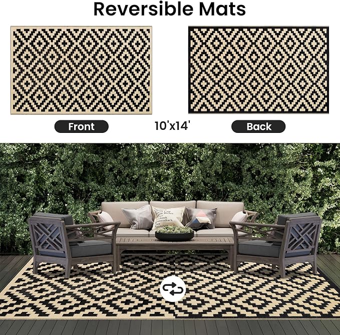 Smiry Waterproof Outdoor Rug 10X14 ft, Reversible Plastic Straw Patio Camping Rugs, Outdoor Indoor RV Mat Carpet for Patio, Outside Entry, Backyard, Deck, Bench, Picnic, Camper, Black & Beige