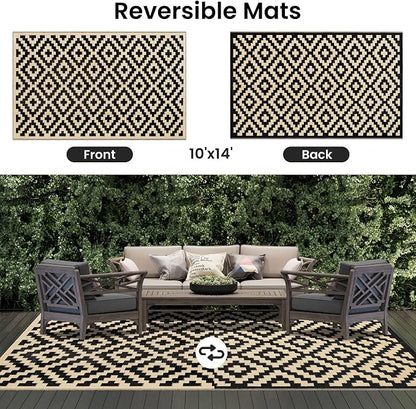 Smiry Waterproof Outdoor Rug 10X14 ft, Reversible Plastic Straw Patio Camping Rugs, Outdoor Indoor RV Mat Carpet for Patio, Outside Entry, Backyard, Deck, Bench, Picnic, Camper, Black & Beige