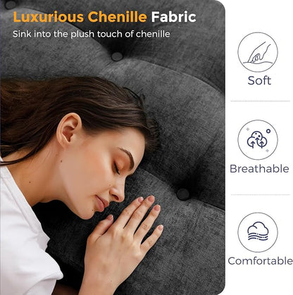 MAXYOYO 6" Folding Sofa Bed for Floor, Tufted Tri-Fold Floor Mattress with Chenille Fabric, Full Size Portable Sofa Couch Guest Mat for Adults, Foldable Topper for Camping, Dark Grey, 53"x75"