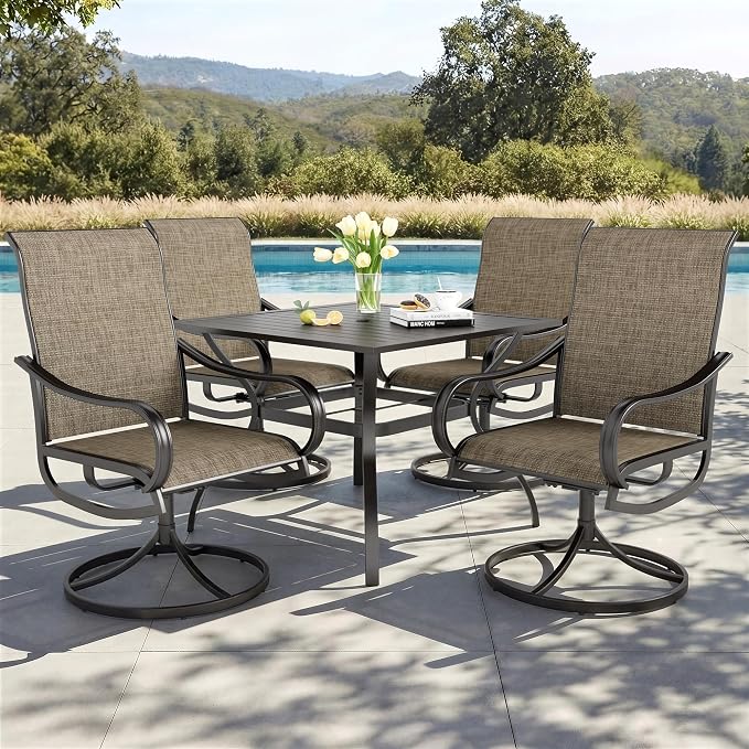 PHI VILLA 5 Piece Patio Dining Set Clearance with 4 Swivel Dining Chairs & 1 Square Metal Dining Table with 1.57 inches Hole, for Outdoor Kitchen Lawn & Garden Black Coated