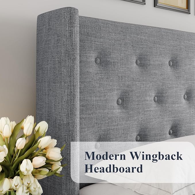 Allewie King Size Lift Up Storage Bed, Button Tufted Headboard with Wingback, Hydraulic Support, No Box Spring Needed, Light Grey
