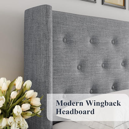 Allewie King Size Lift Up Storage Bed, Button Tufted Headboard with Wingback, Hydraulic Support, No Box Spring Needed, Light Grey