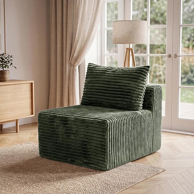 34.6”Modular Sectional Armless Middle Sofa Seat Boneless Corduroy Cloud Chair for Living Room,Green