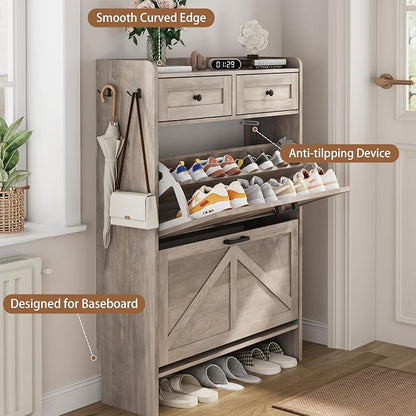 Shoe Cabinet with 2 Flip Drawers & 2 Top Drawers, 43" Tall Freestanding Narrow Wooden Shoe Storage Organizer for Entryway, Hidden Slim Shoe Rack for Front Door Entrance, Hallway, Living Room, Grey
