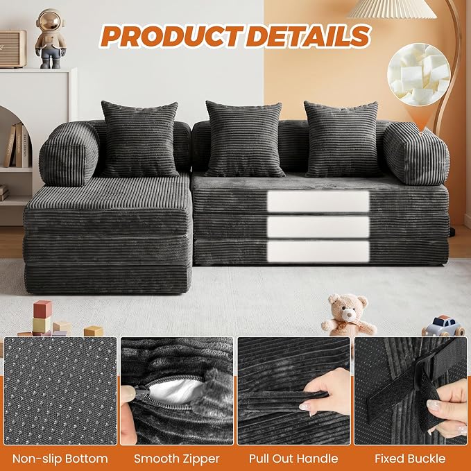 6-in-1 Boneless Couches L-Shaped Modular Sectional Sofa | Cloud Couch Sectional & Tri-Folding Mattress | Corduroy Pet-Friendly Convertible Sofa Bed with 800LB Capacity Apartment, Guest Room