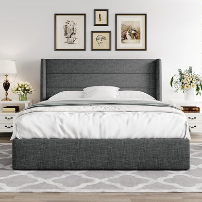 Allewie Full Size Lift Up Storage Bed, Modern Wingback Headboard, Hydraulic Support, No Box Spring Needed, Dark Grey