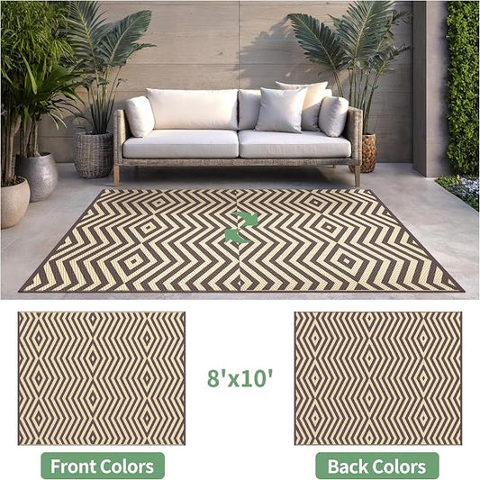 GENIMO Outdoor Rug for Patio Clearance, 8'x10' Reversible Plastic Straw Rugs, Lightweight Waterproof Modern RV Camping Mat for Camper, Balcony, Deck, Backyard, Picnic, Coffee Beige