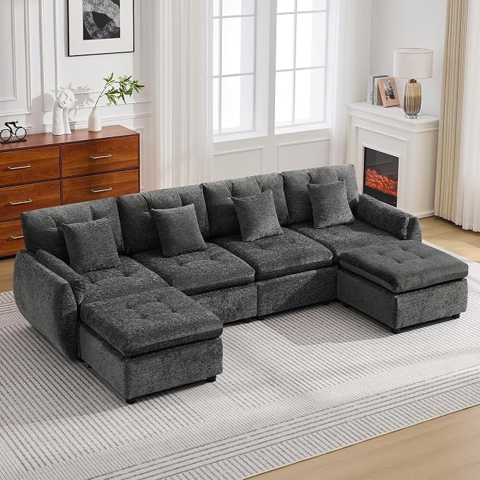 112" U Shaped Modular Sectional Cloud Sofa with 2 Ottomans, Oversized Deep Seat Tufted Chenille 6-Seater Couch with Curved Arms, Upholstered Sofas for Living Room, Dark Grey