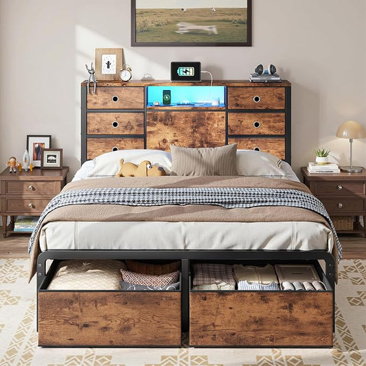 Homkdom Full Size Bed Frame with 8 Fabric Drawers Storage, LED Lights & Charging Station, Metal Platform Bed Frame with Headboard Storage Providing Noise-Free and Easy Assembly,Modern Brown