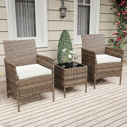 3 Piece Outdoor Patio Furniture Set, All-Weather Brown Wicker Rattan Conversation Set with Cushions, Chairs & Coffee Table for Porch, Backyard & Balcony